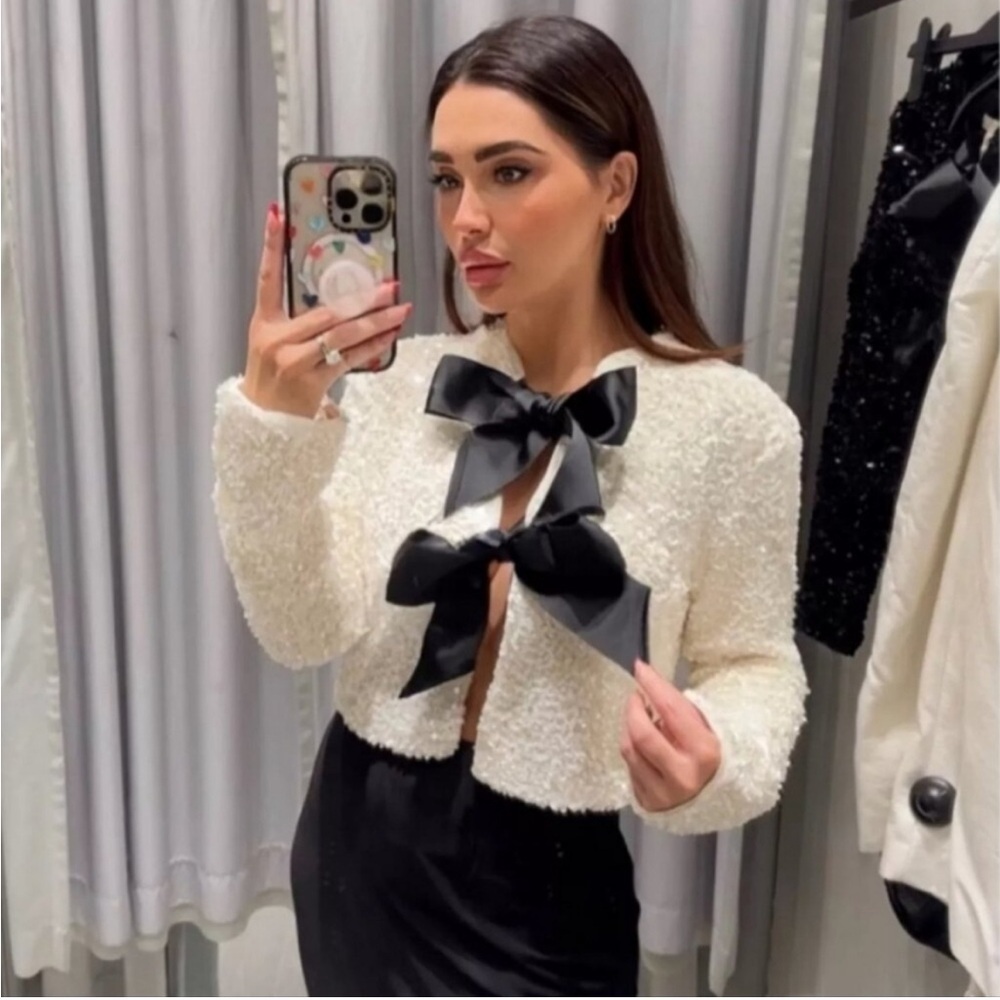 New H&M Sequined Bow-front Jacket - Picture 7 of 11